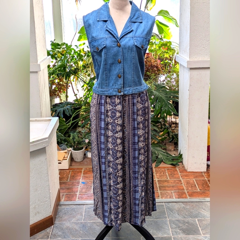 90's! Vintage denim vest+skirt combo maxi dress with adjustable waist. Large